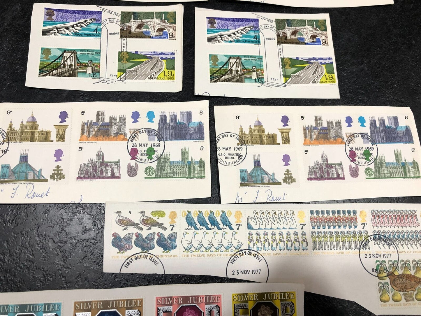 First Day Of Issue Stamps '68 '69 '77 Buildings, 12 Days Of Christmas + Jubilee