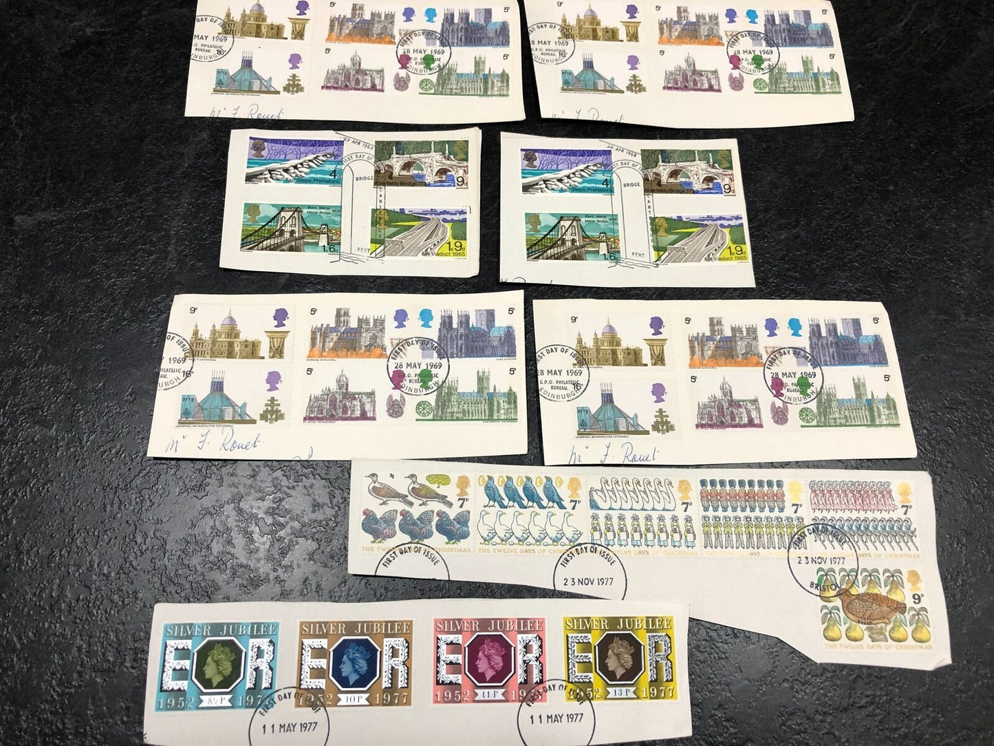 First Day Of Issue Stamps '68 '69 '77 Buildings, 12 Days Of Christmas + Jubilee