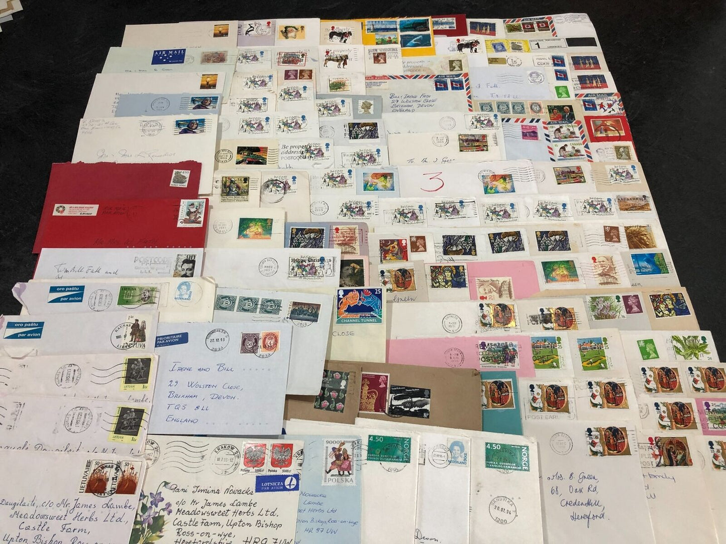 Large Joblot Of Over 100 Stamps Most On Envelopes Europe, Canada, Channel Tunnel