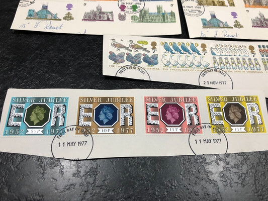 First Day Of Issue Stamps '68 '69 '77 Buildings, 12 Days Of Christmas + Jubilee