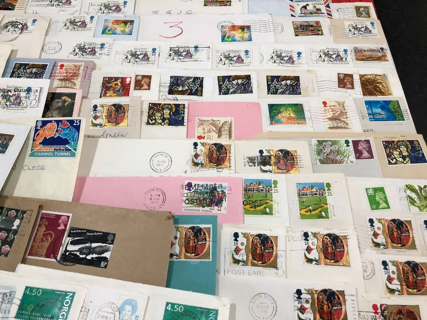 Large Joblot Of Over 100 Stamps Most On Envelopes Europe, Canada, Channel Tunnel