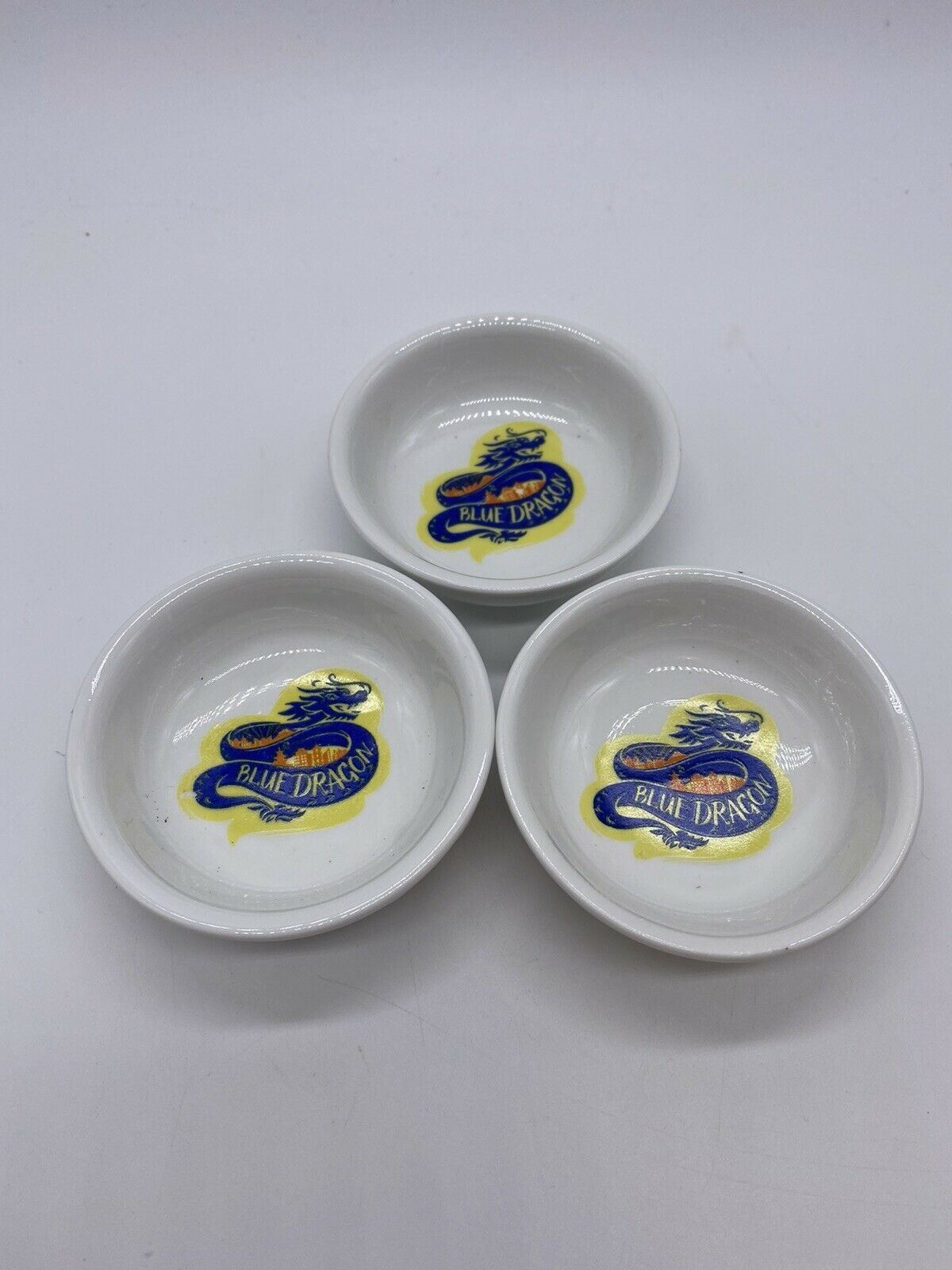Set of Three Small Blue Dragon Branded Ceramic Chinese Sauce Bowls