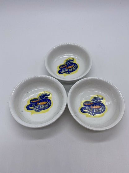 Set of Three Small Blue Dragon Branded Ceramic Chinese Sauce Bowls