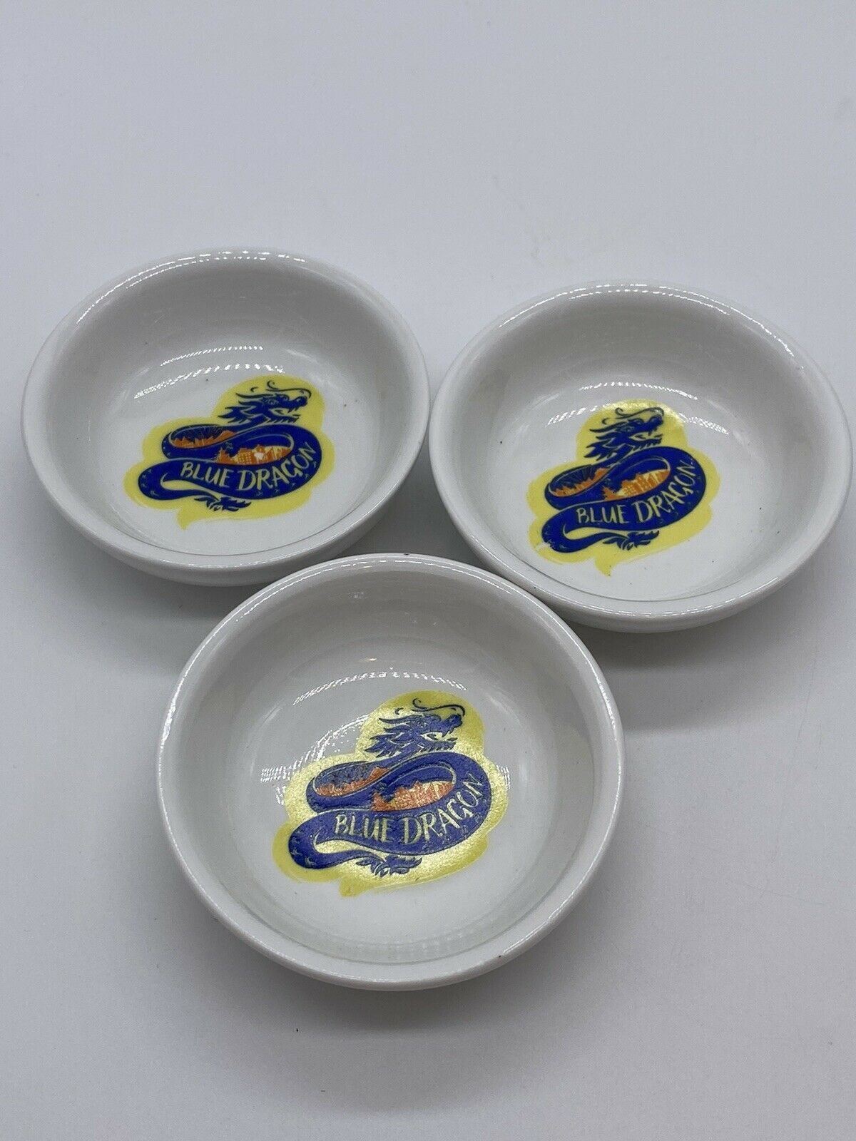 Set of Three Small Blue Dragon Branded Ceramic Chinese Sauce Bowls