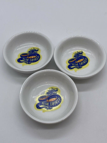 Set of Three Small Blue Dragon Branded Ceramic Chinese Sauce Bowls