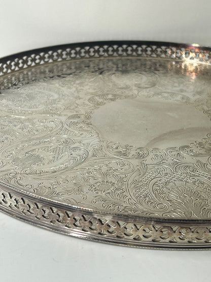 Vintage Barker Ellis Ornate Lattice Work Round Silver Plate Tea/Drinks Tray